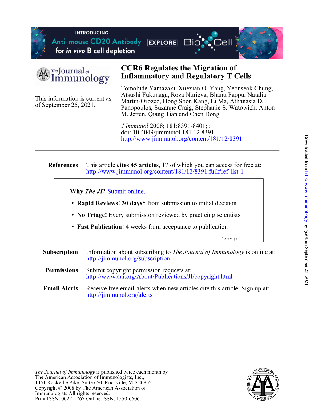 Inflammatory and Regulatory T Cells CCR6 Regulates the Migration Of