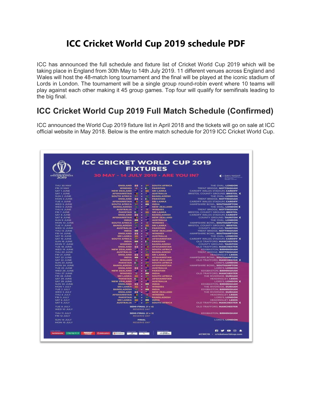 ICC Cricket World Cup 2019 Schedule PDF