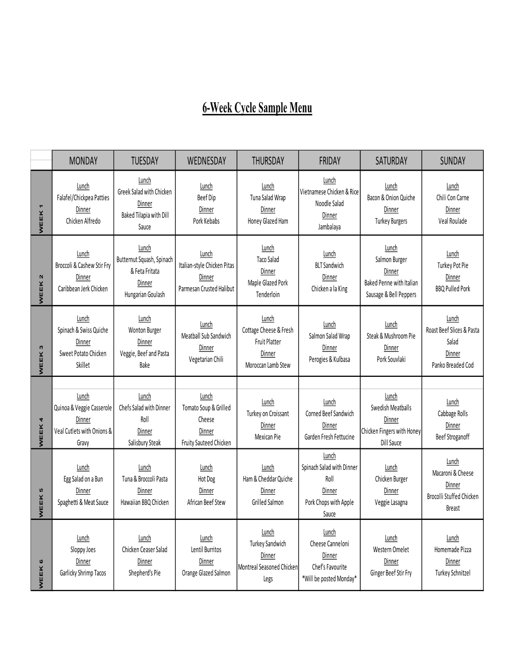 6-Week Cycle Sample Menu