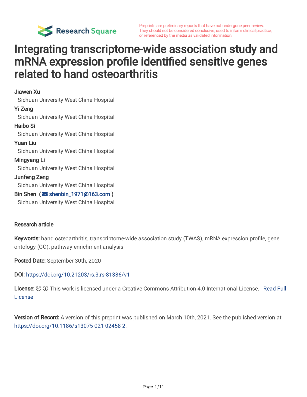 Integrating Transcriptome-Wide Association Study and Mrna Expression Profle Identifed Sensitive Genes Related to Hand Osteoarthritis