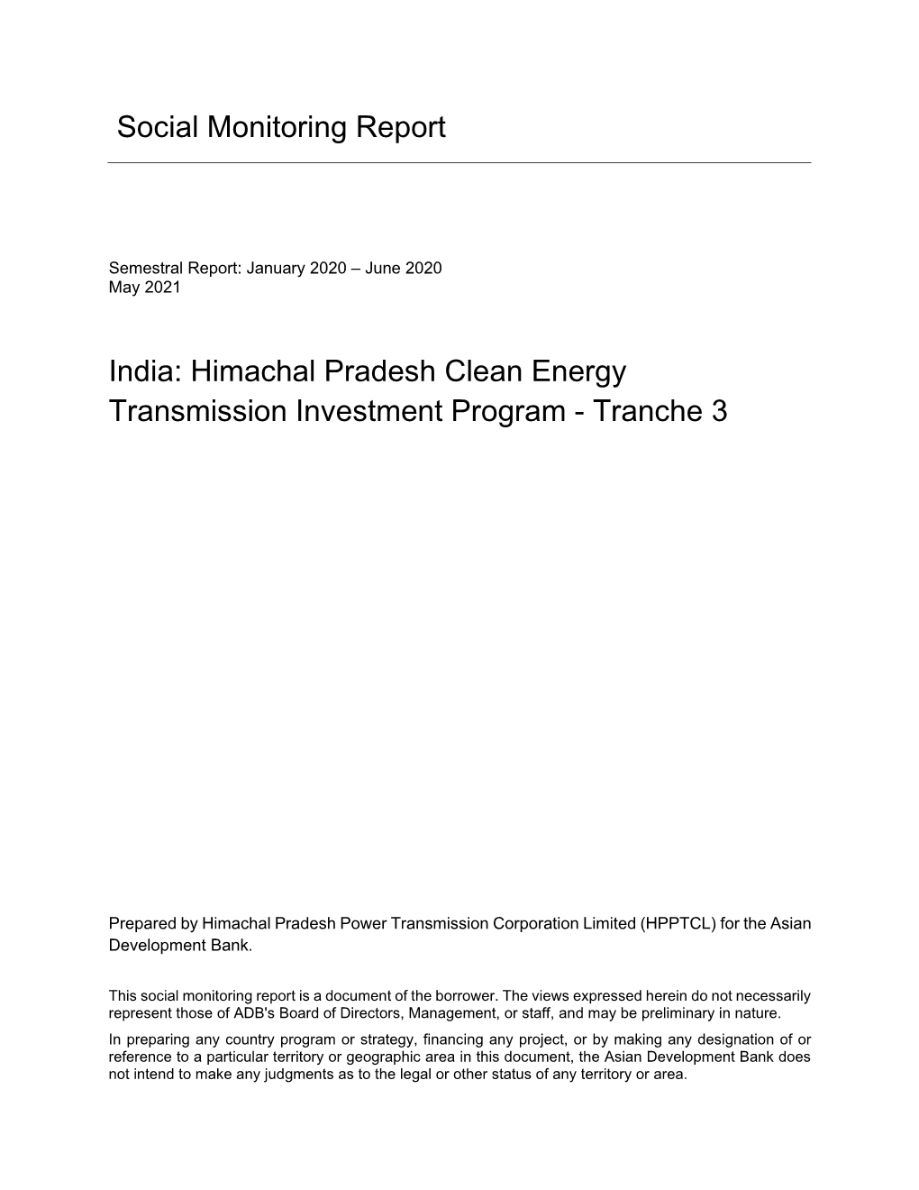 Social Monitoring Report India: Himachal Pradesh Clean Energy