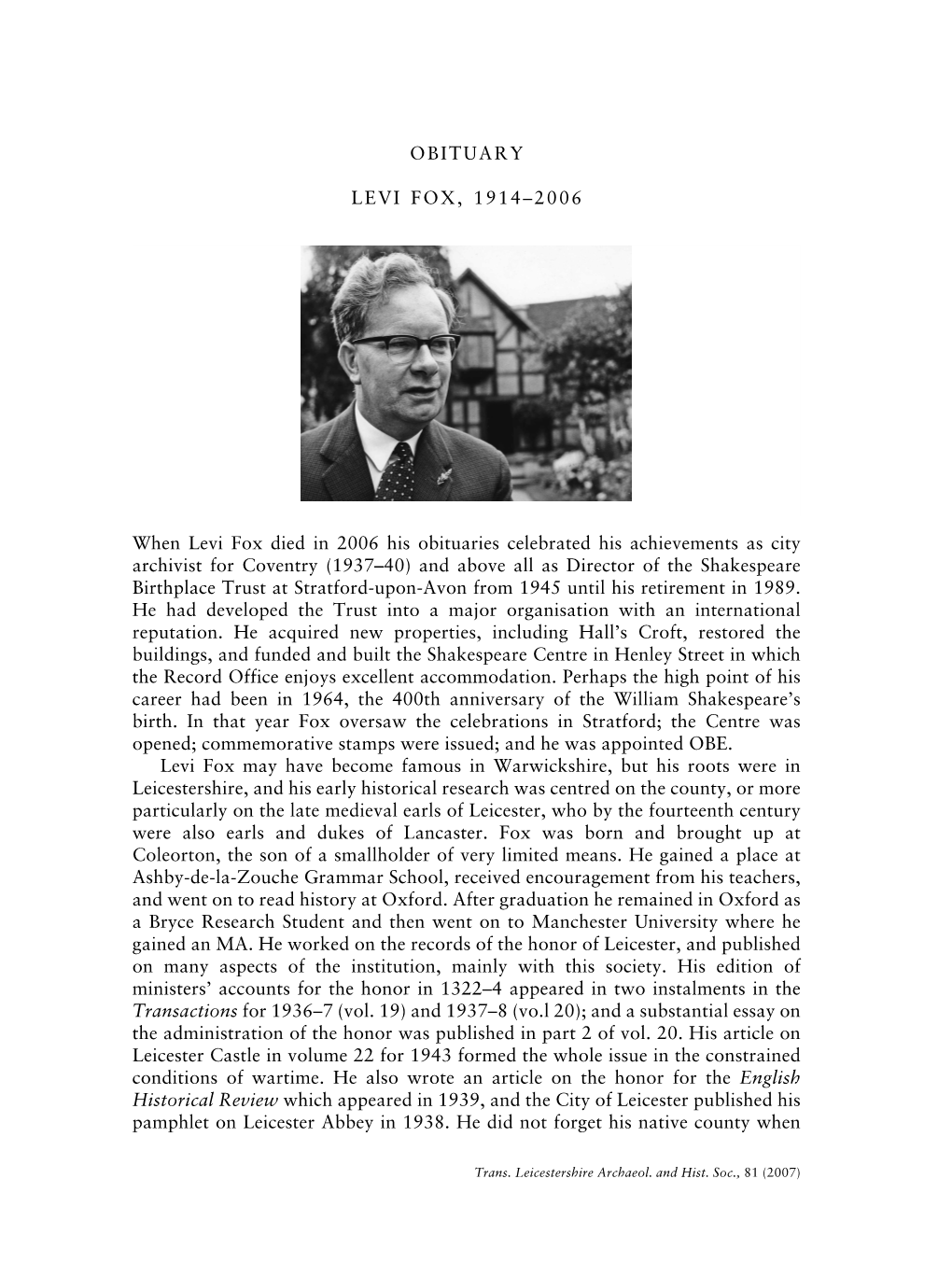 Obituary: Levi Fox 1914-2006 Pp.171-172