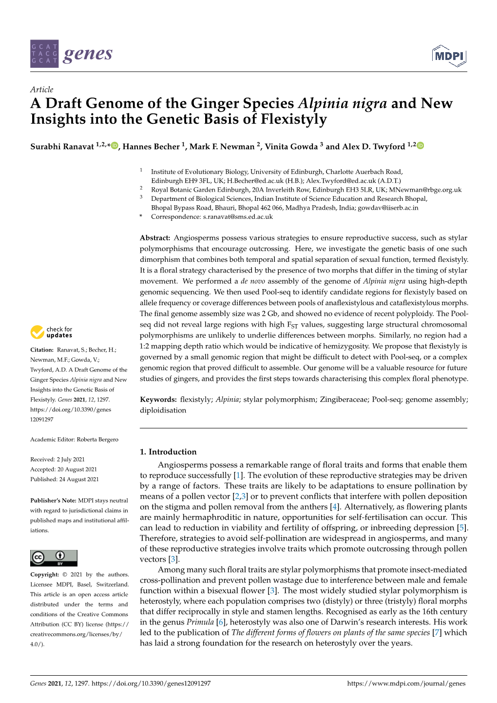 A Draft Genome of the Ginger Species Alpinia Nigra and New Insights Into the Genetic Basis of Flexistyly