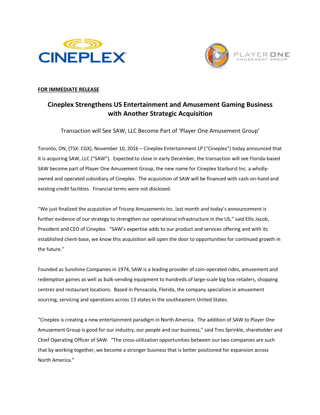 Cineplex Strengthens US Entertainment and Amusement Gaming Business with Another Strategic Acquisition