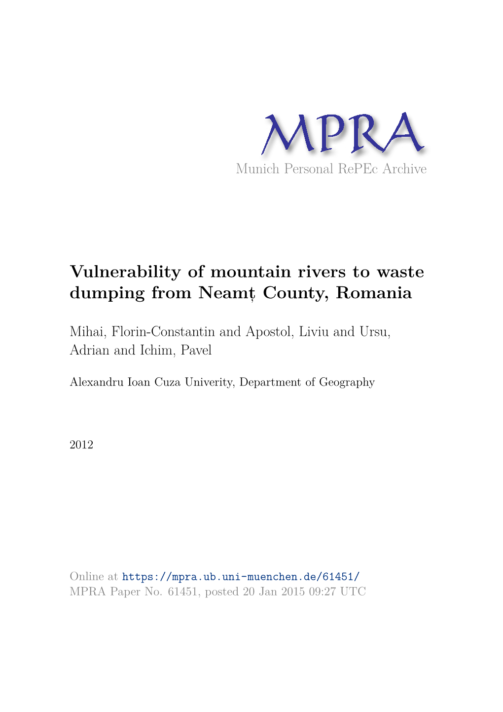 Vulnerability of Mountain Rivers to Waste Dumping from Neamt, County, Romania
