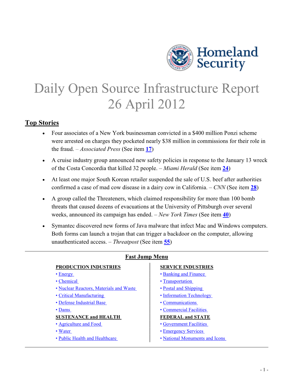 Department of Homeland Security Daily Open Source Infrastructure