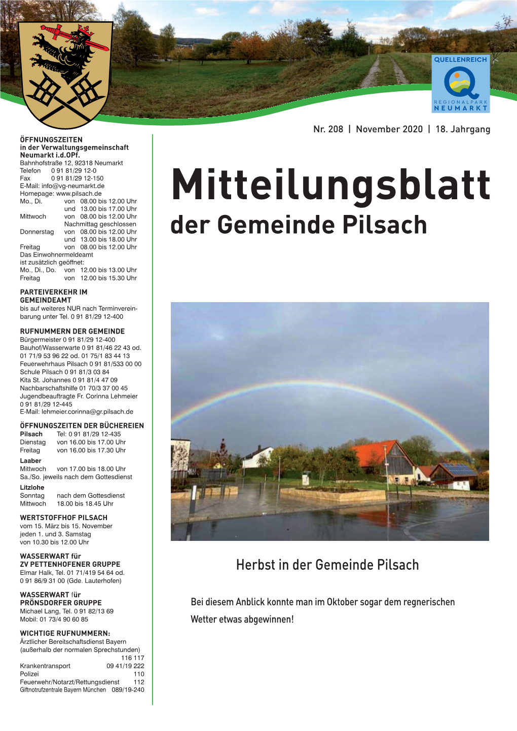 Mitteilungsblatt Der Gemeinde Pilsach - November 2020 