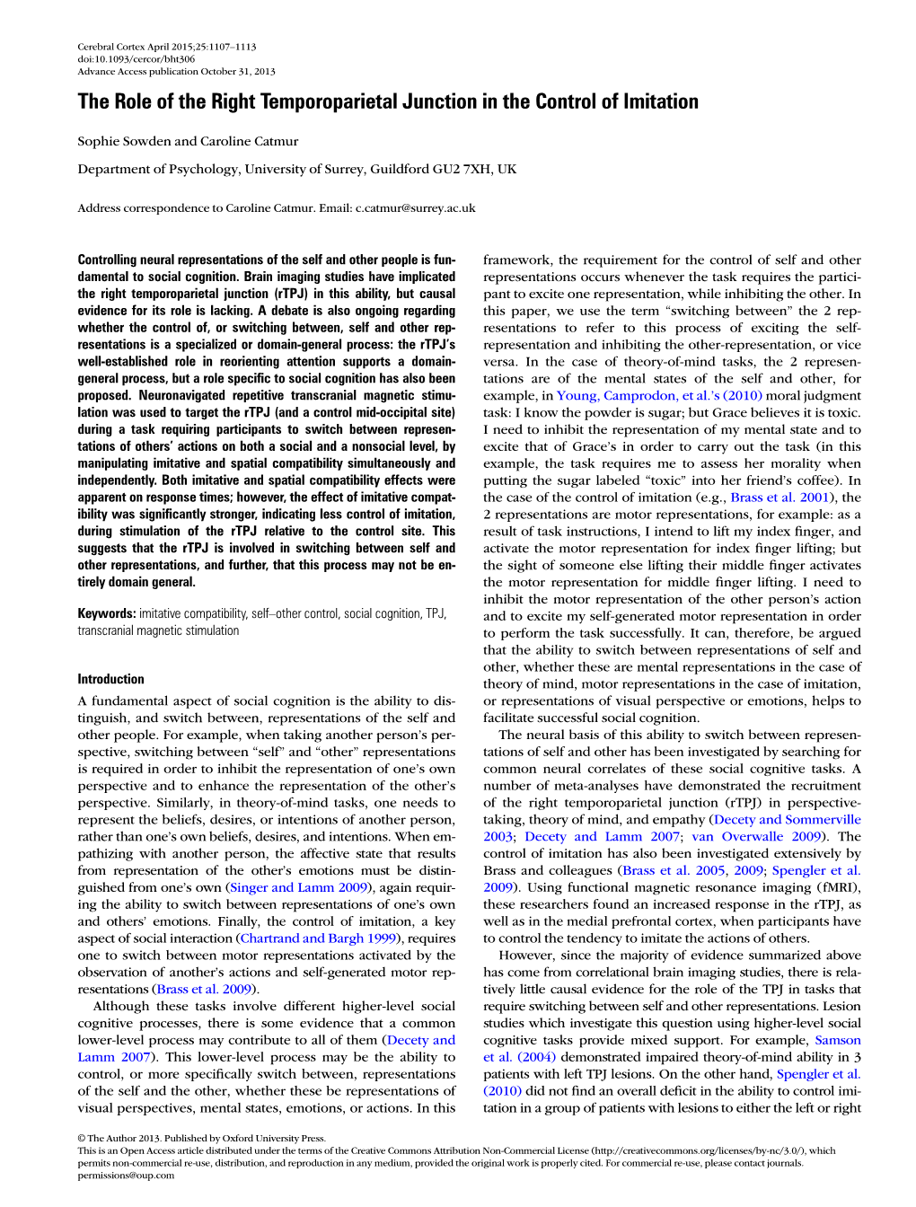 The Role of the Right Temporoparietal Junction in the Control of Imitation