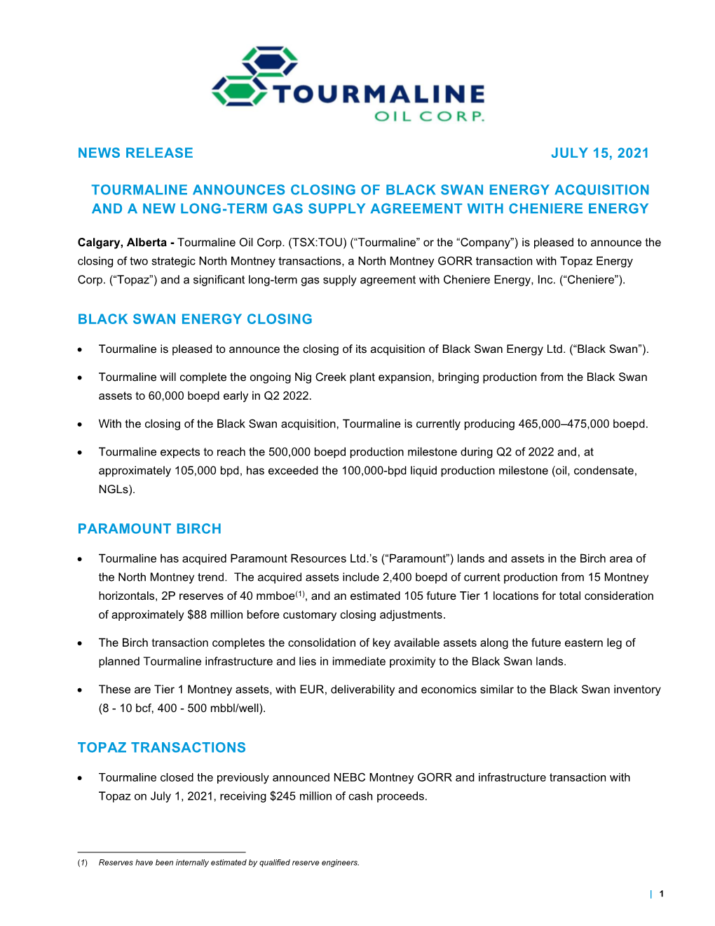 Tourmaline Announces Closing of Black Swan Energy Acquisition and a New Long-Term Gas Supply Agreement with Cheniere Energy