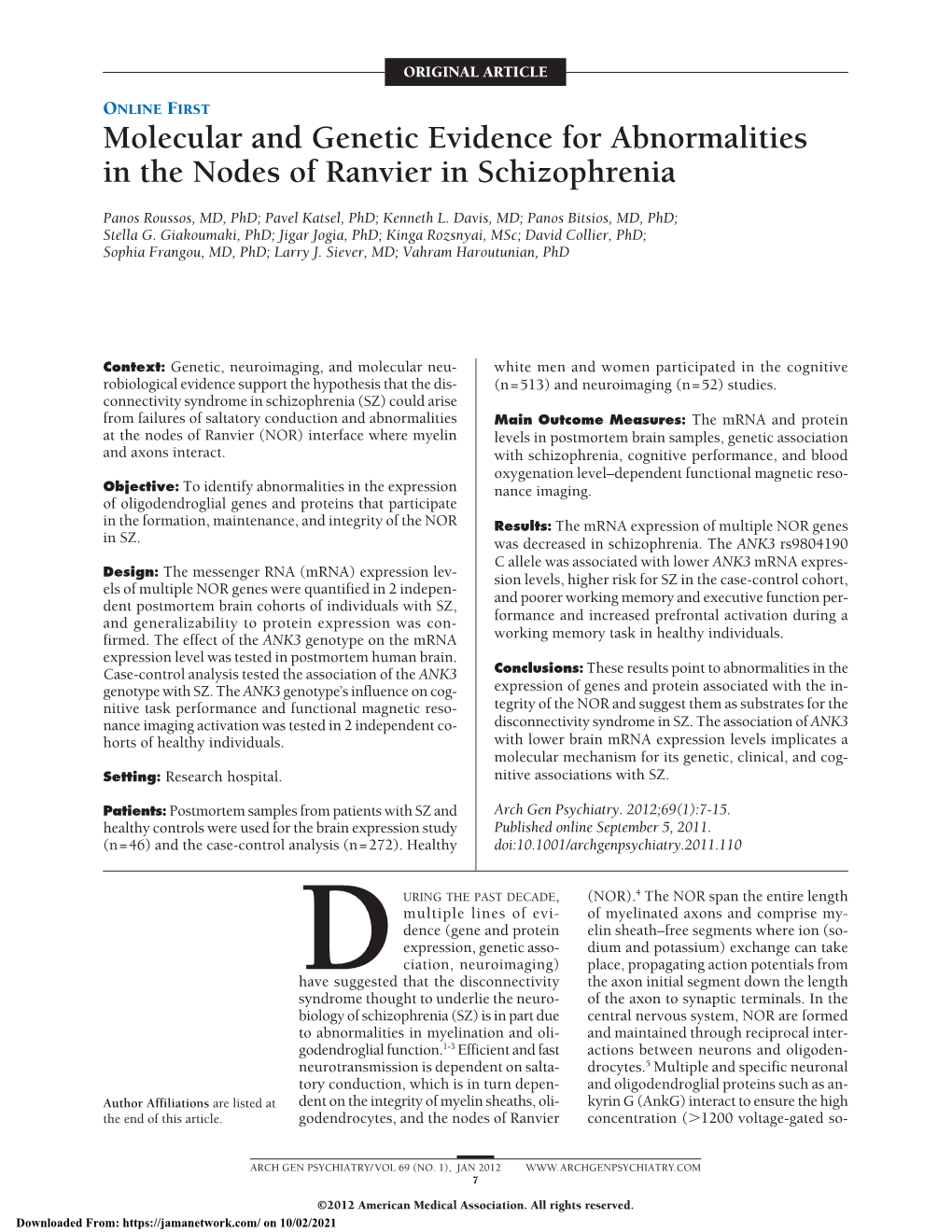 Molecular and Genetic Evidence for Abnormalities in the Nodes of Ranvier in Schizophrenia