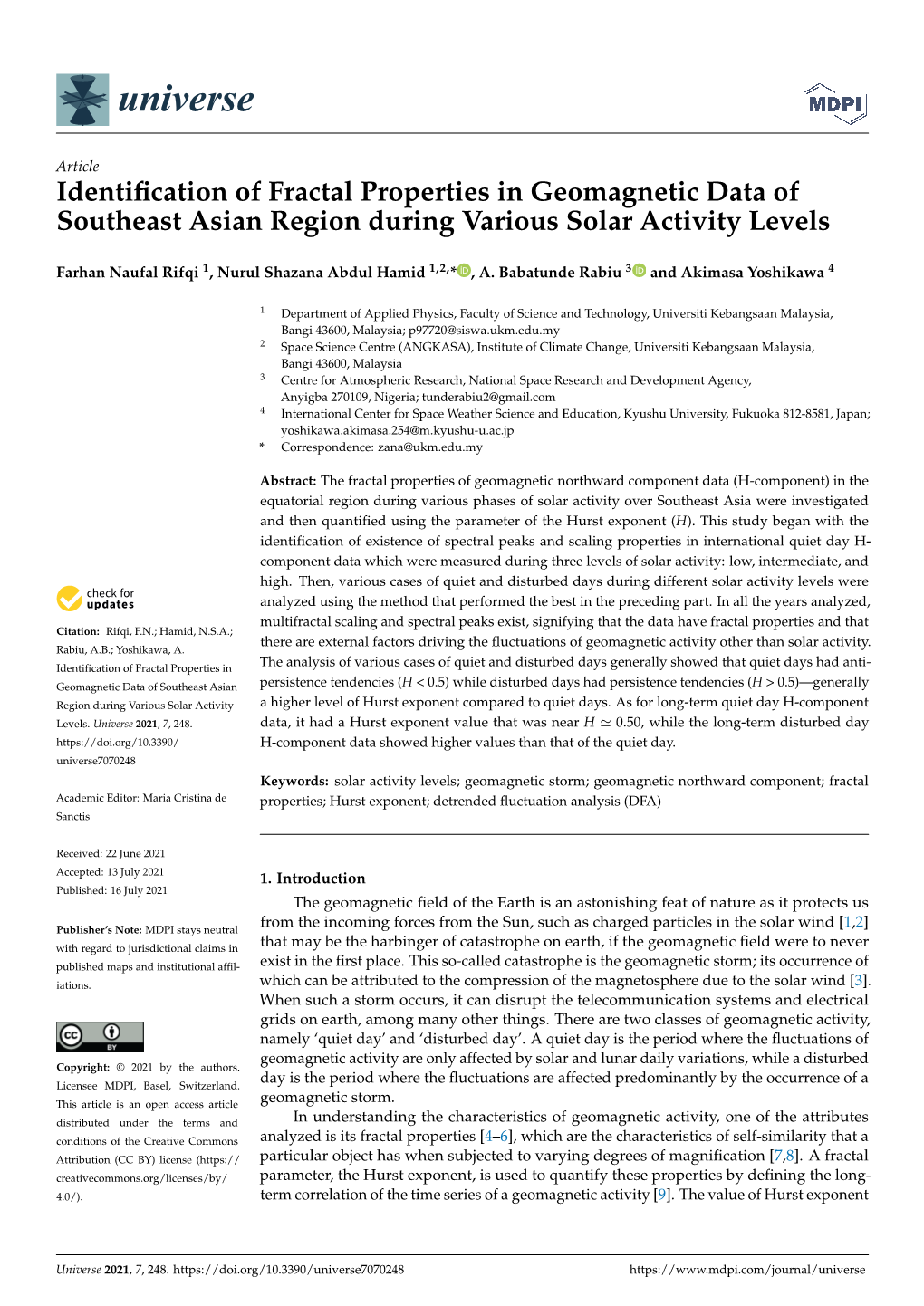 Identification of Fractal Properties in Geomagnetic Data of Southeast