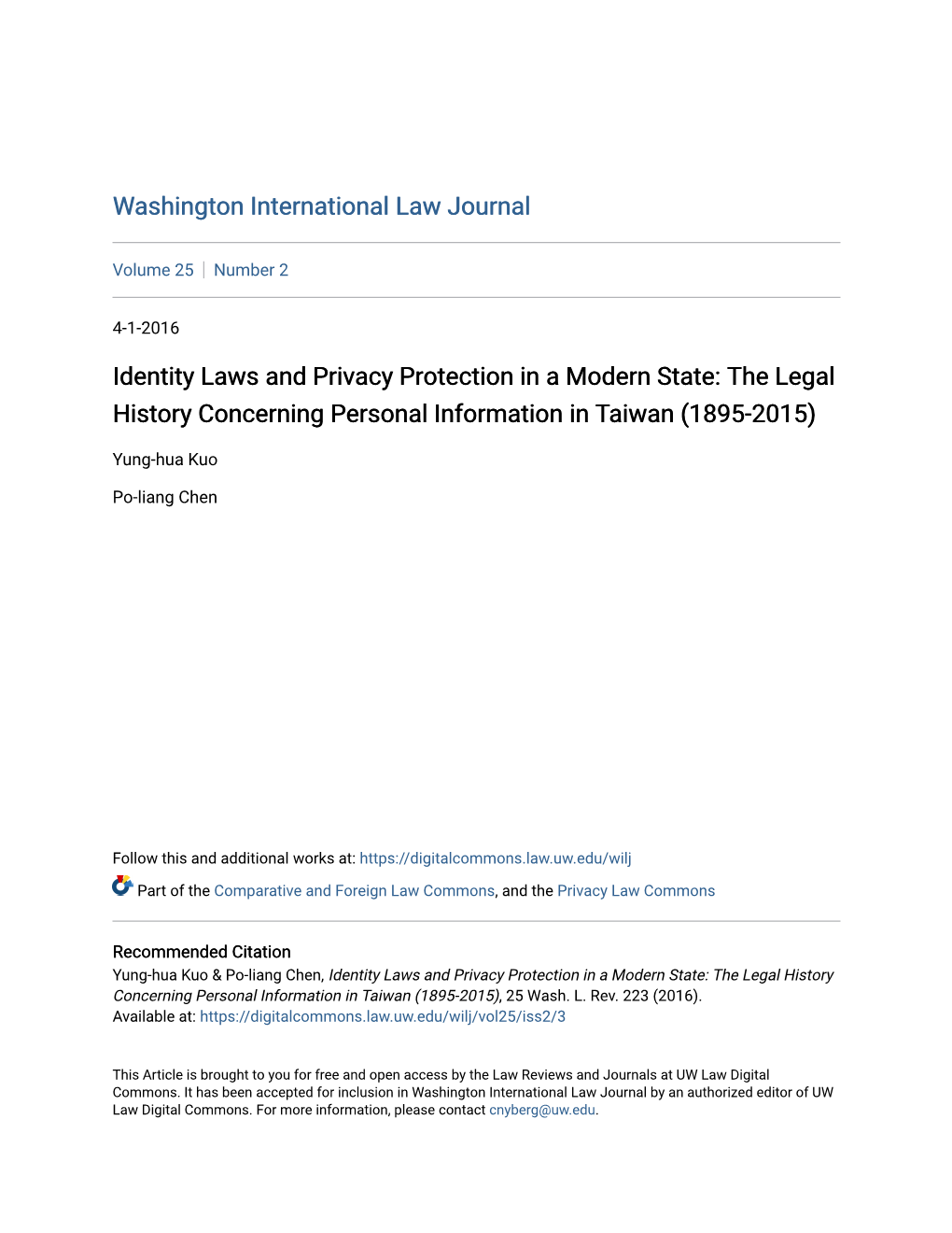 Identity Laws and Privacy Protection in a Modern State: the Legal History Concerning Personal Information in Taiwan (1895-2015)