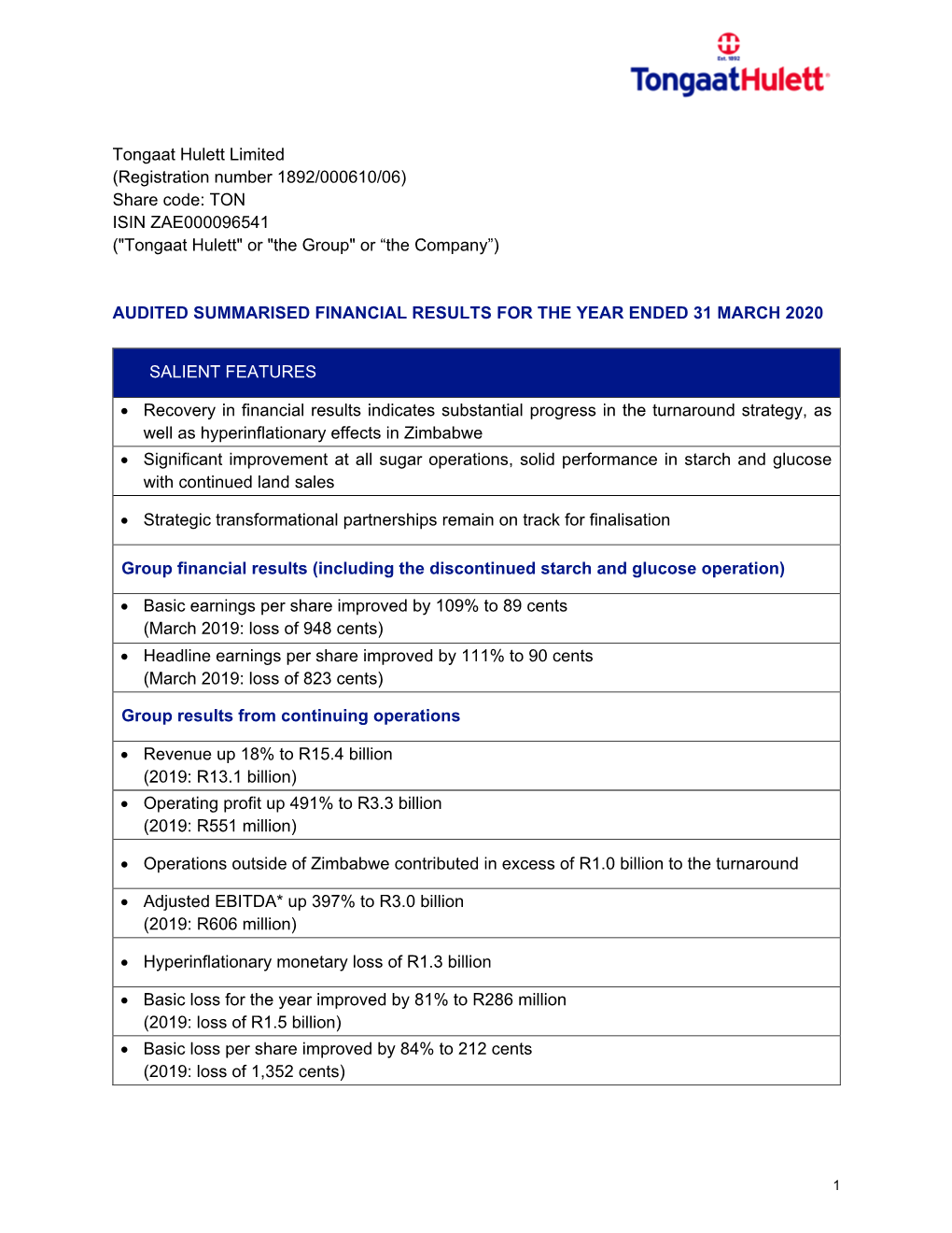 Tongaat Hulett Limited (Registration Number 1892/000610/06) Share Code: TON ISIN ZAE000096541 (