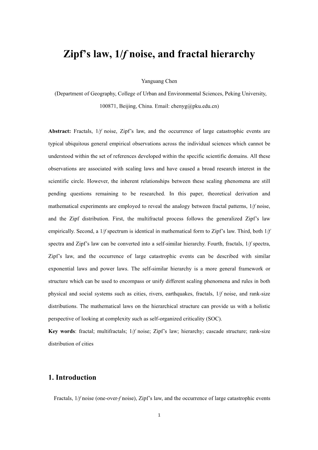 Zipf's Law, 1/F Noise, and Fractal Hierarchy