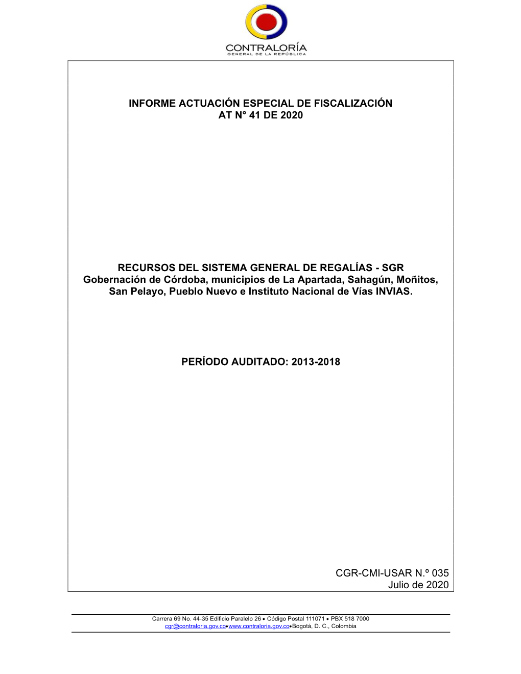 Informe Actuación Especial De Fiscalización at N° 41 De 2020