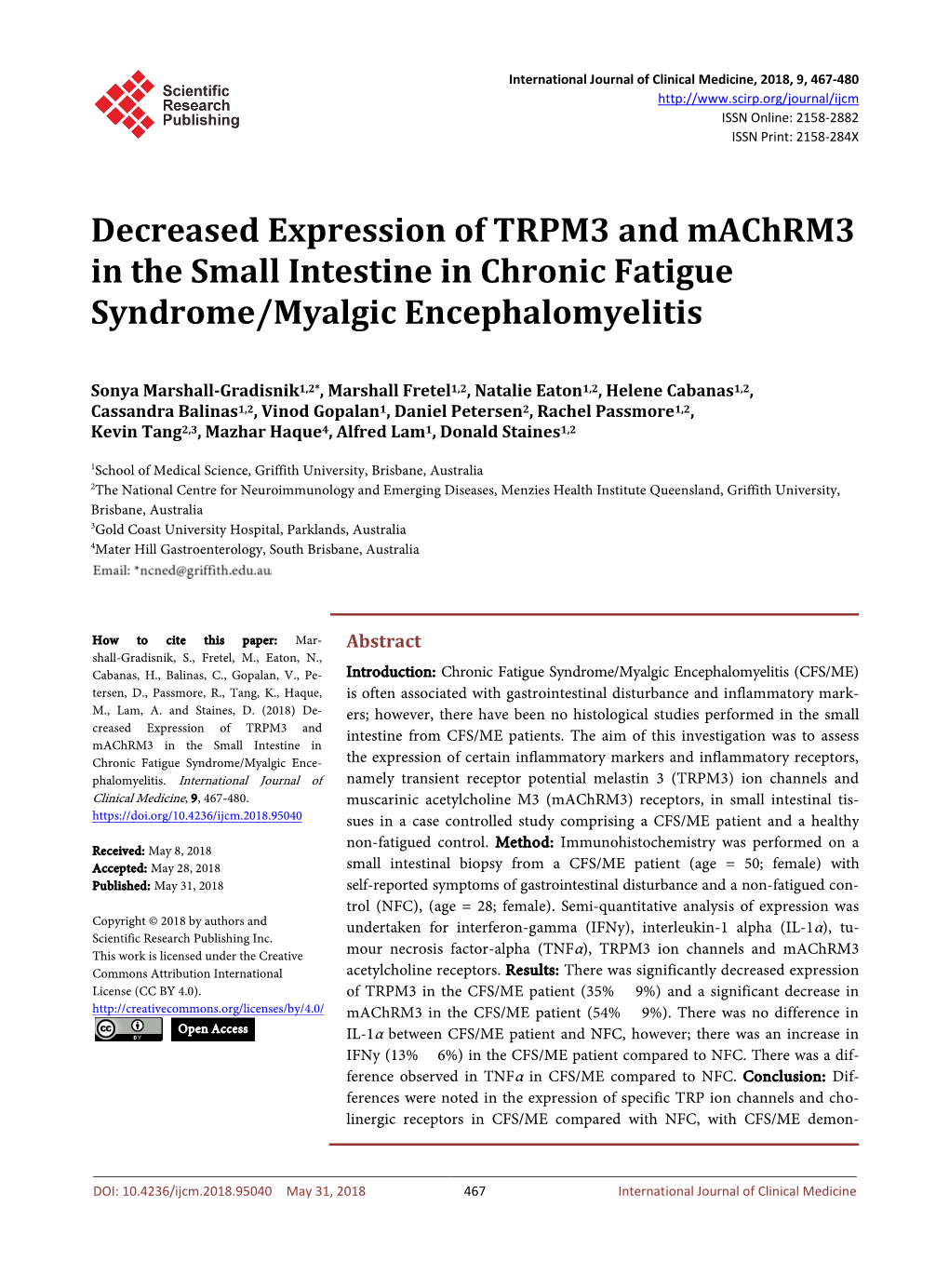 Decreased Expression of TRPM3 and Machrm3 in the Small Intestine in Chronic Fatigue Syndrome/Myalgic Encephalomyelitis