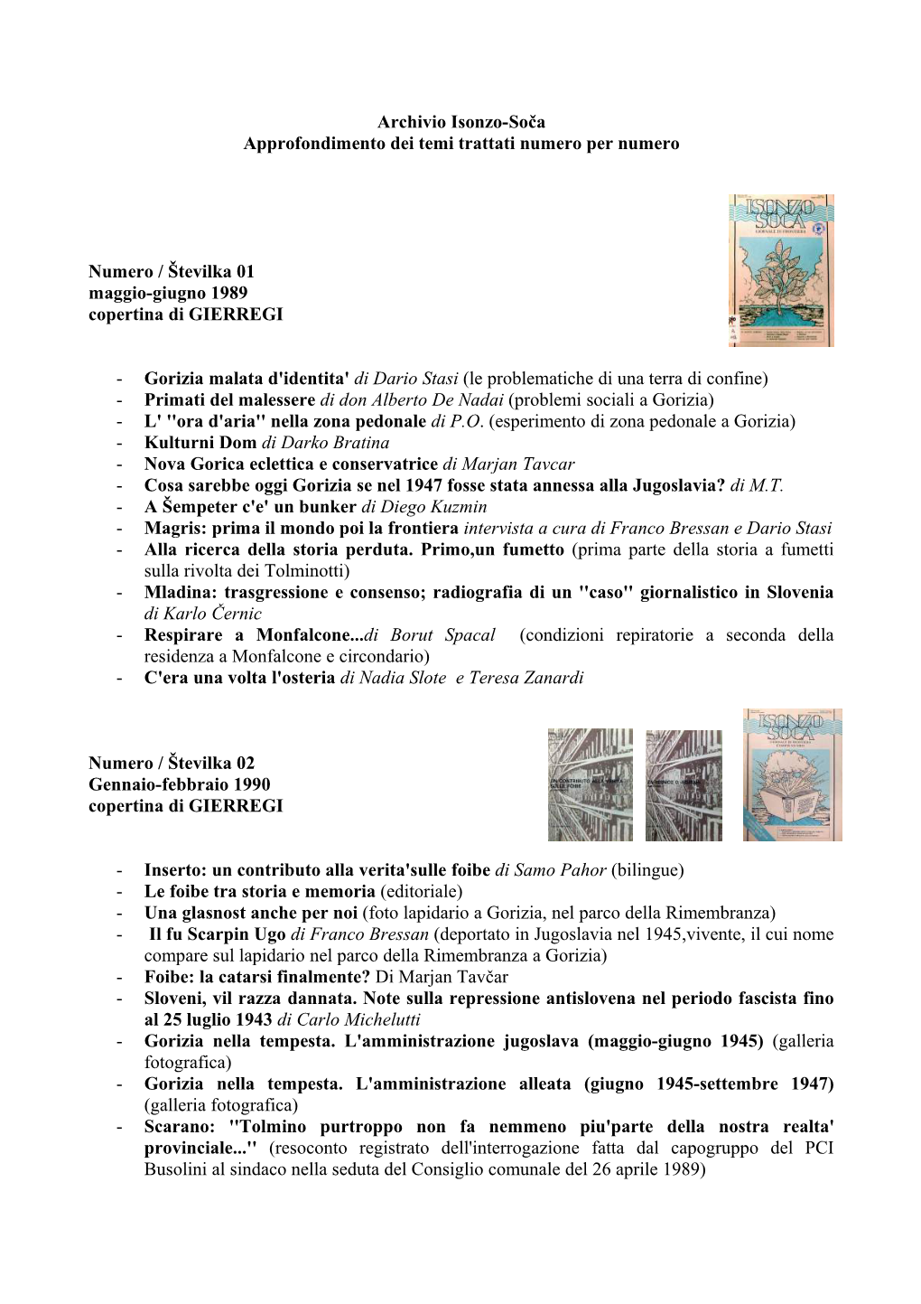 Archivio Isonzo-Soča Approfondimento Dei Temi Trattati Numero Per Numero