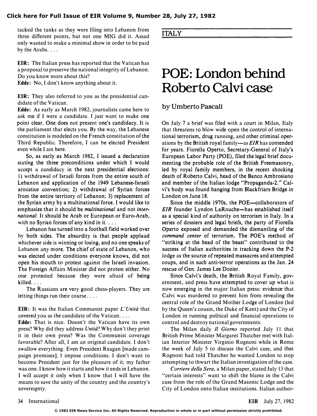 POE: London Behind the Roberto Calvi Case