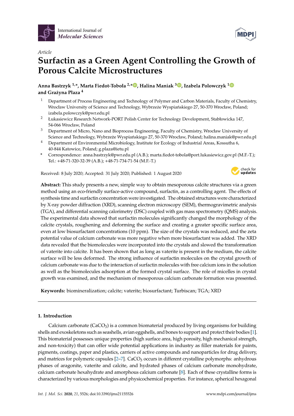 Surfactin As a Green Agent Controlling the Growth of Porous Calcite Microstructures