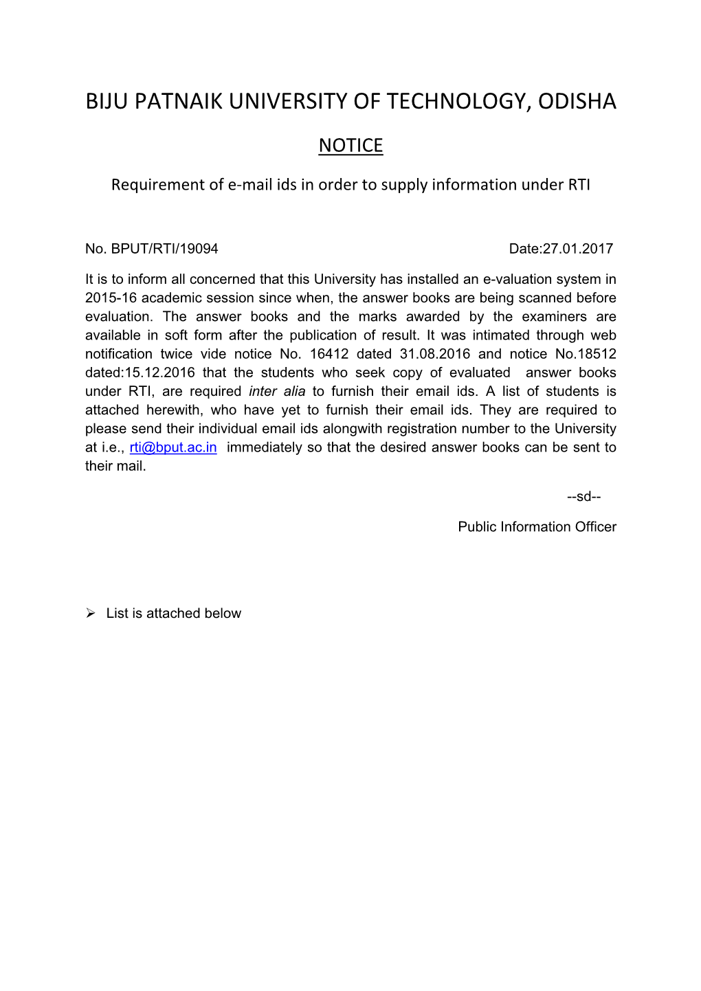 Biju Patnaik University of Technology, Odisha Notice