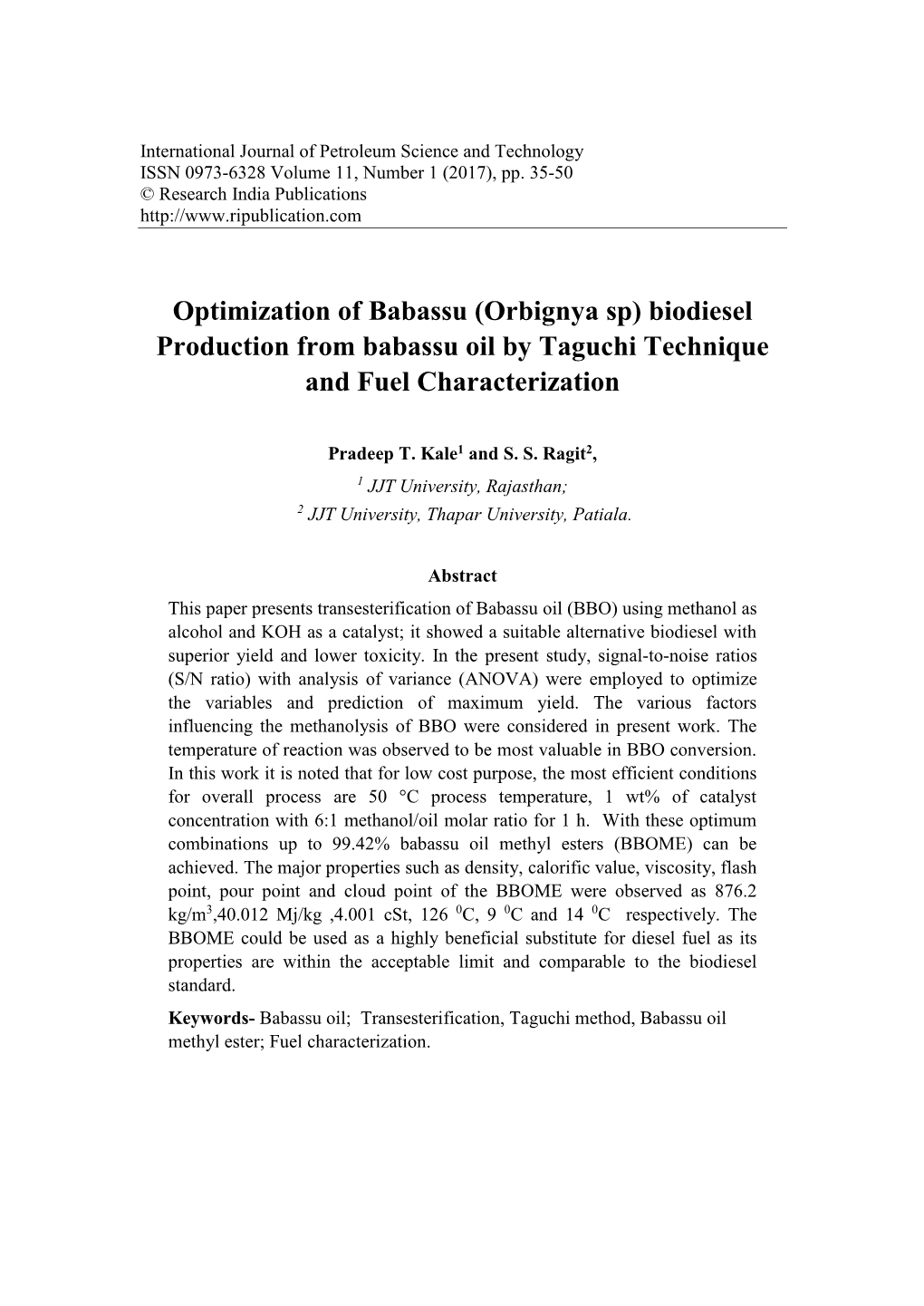 Biodiesel Production from Babassu Oil by Taguchi Technique and Fuel Characterization