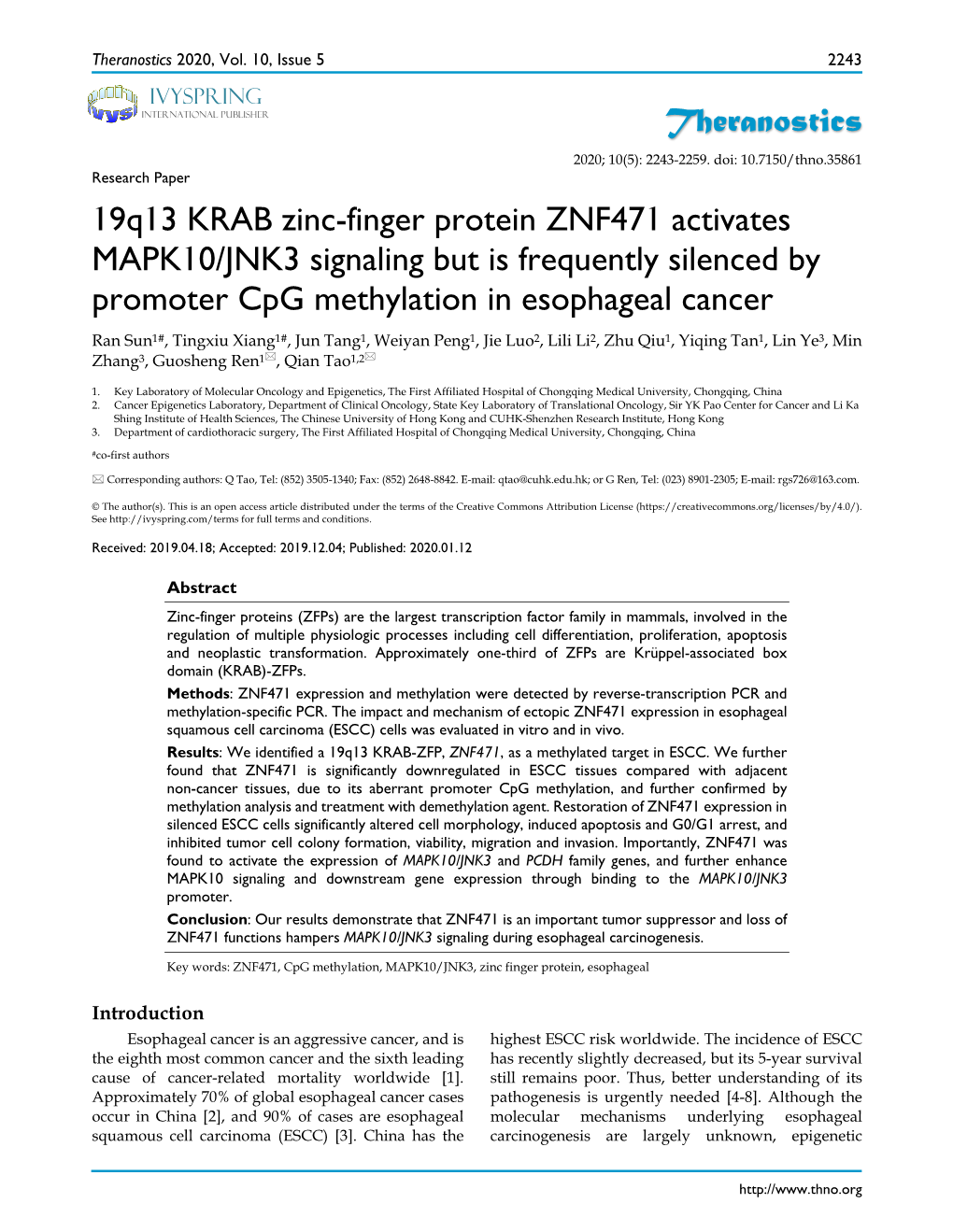 19Q13 KRAB Zinc-Finger Protein ZNF471 Activates MAPK10/JNK3