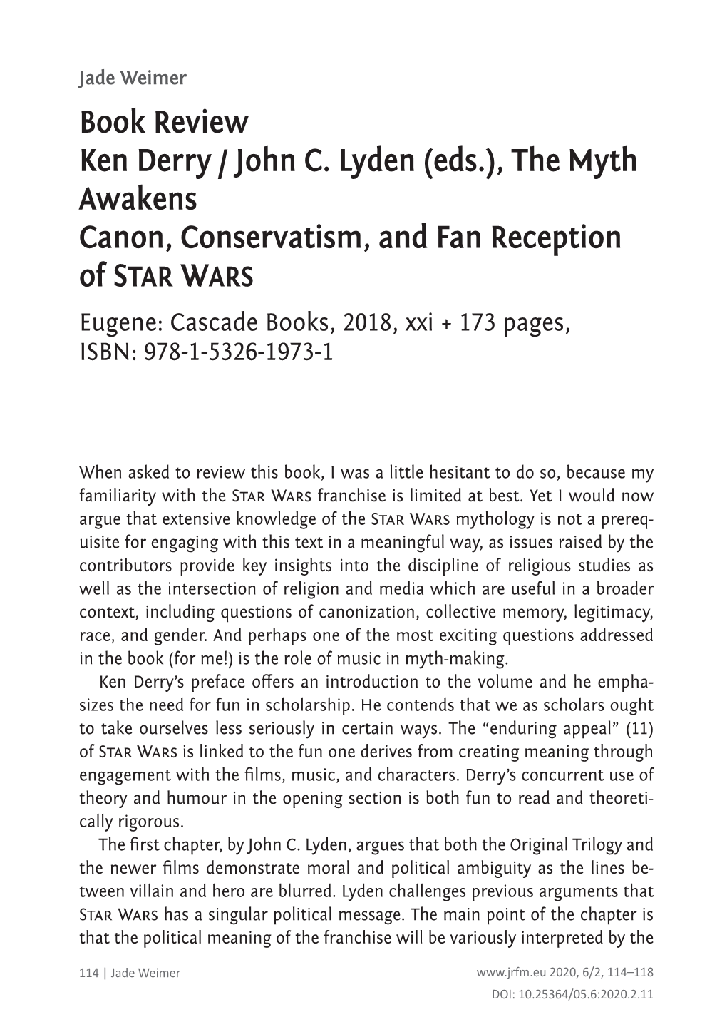 Book Review Ken Derry / John C. Lyden (Eds.), the Myth Awakens