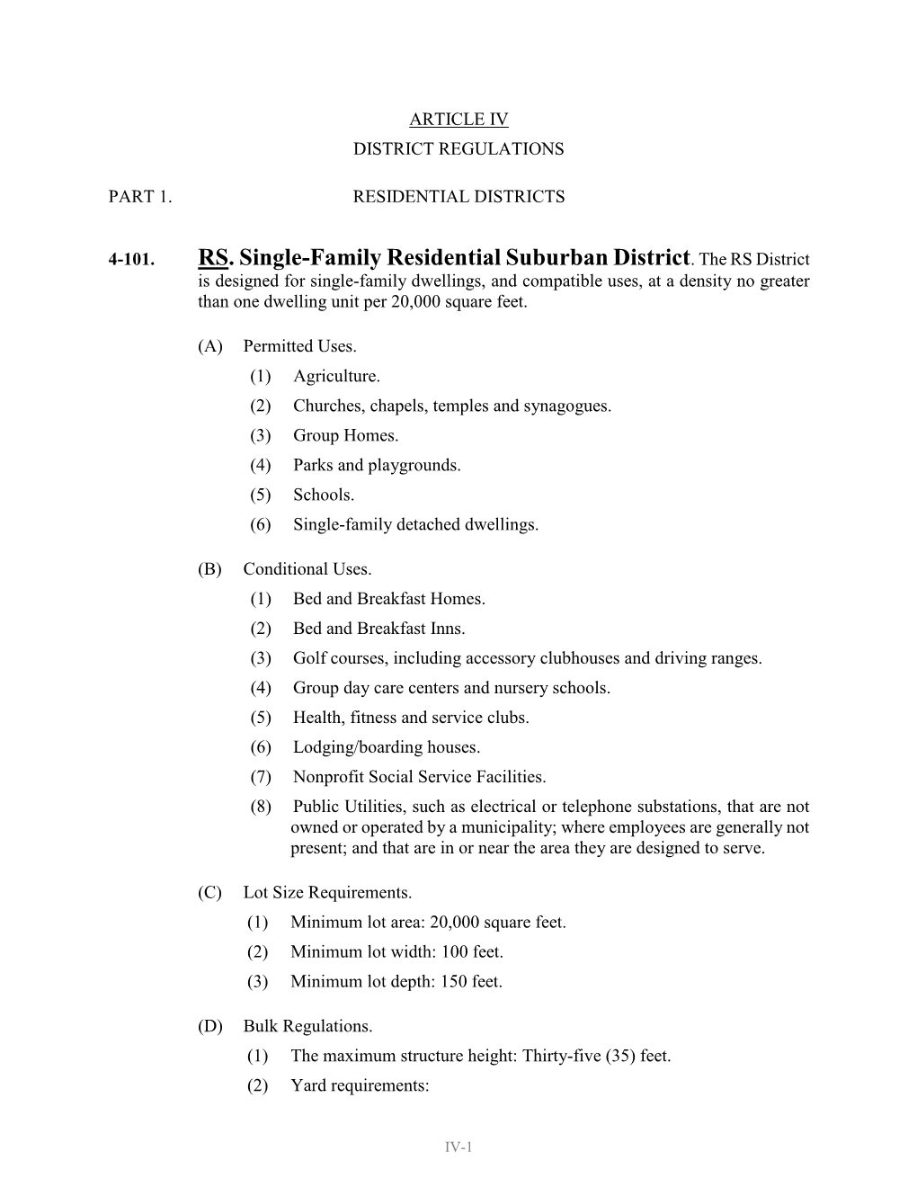 Article Iv District Regulations Part 1. Residential Districts 4-101