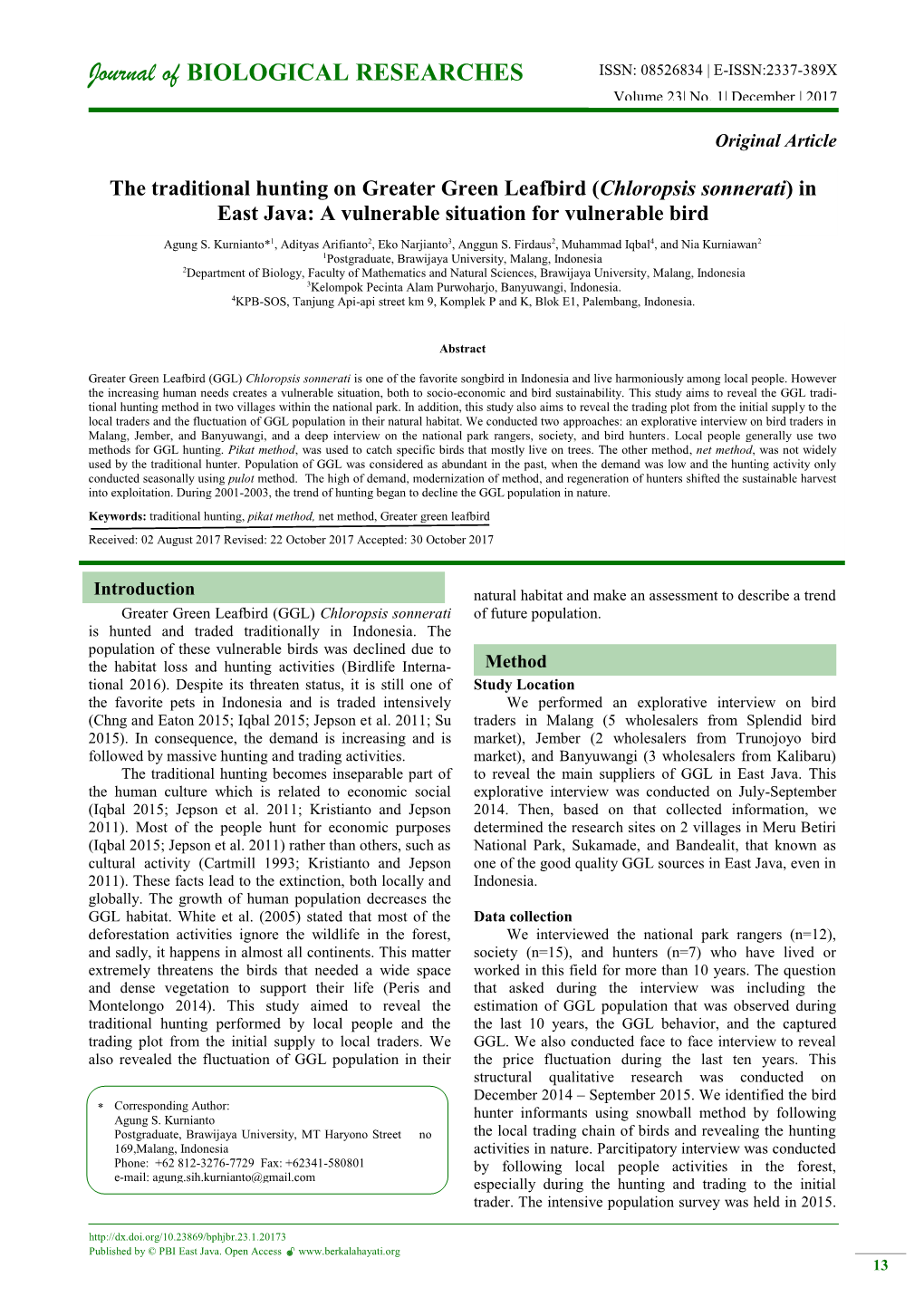 Journal of BIOLOGICAL RESEARCHES ISSN: 08526834 | E-ISSN:2337-389X Volume 23| No