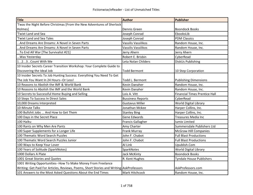 Fictionwise/Ereader - List of Unmatched Titles