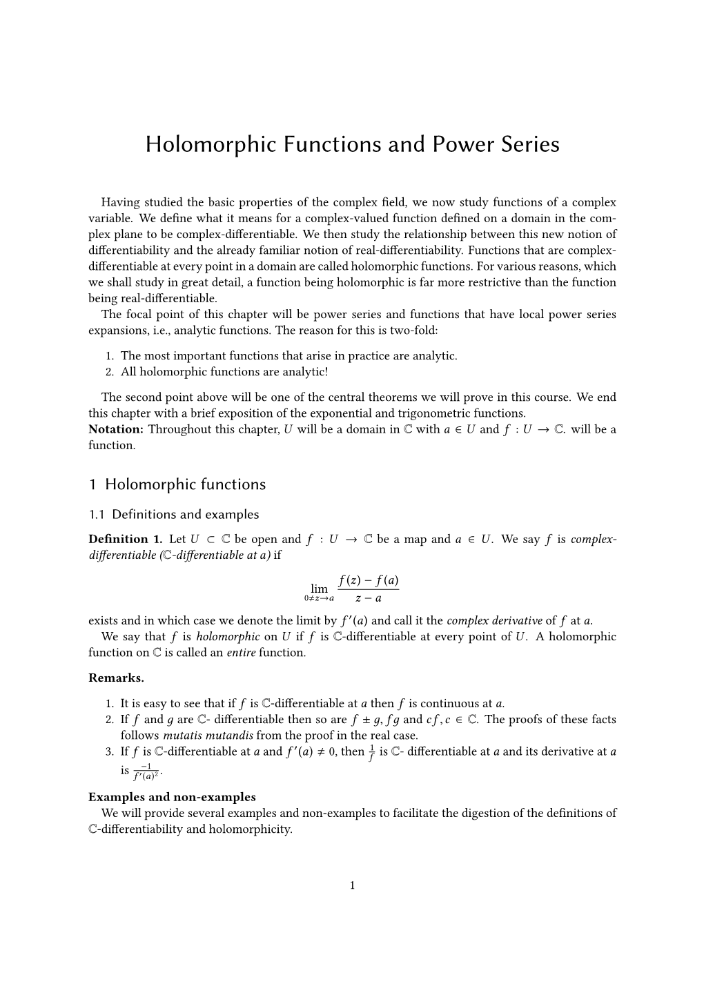 Holomorphic Functions and Power Series