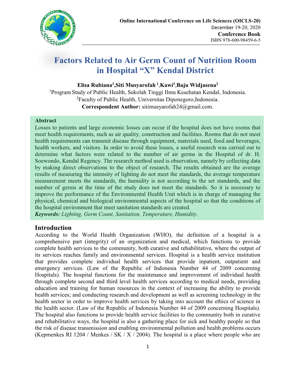 Factors Related to Air Germ Count of Nutrition Room in Hospital “X” Kendal District