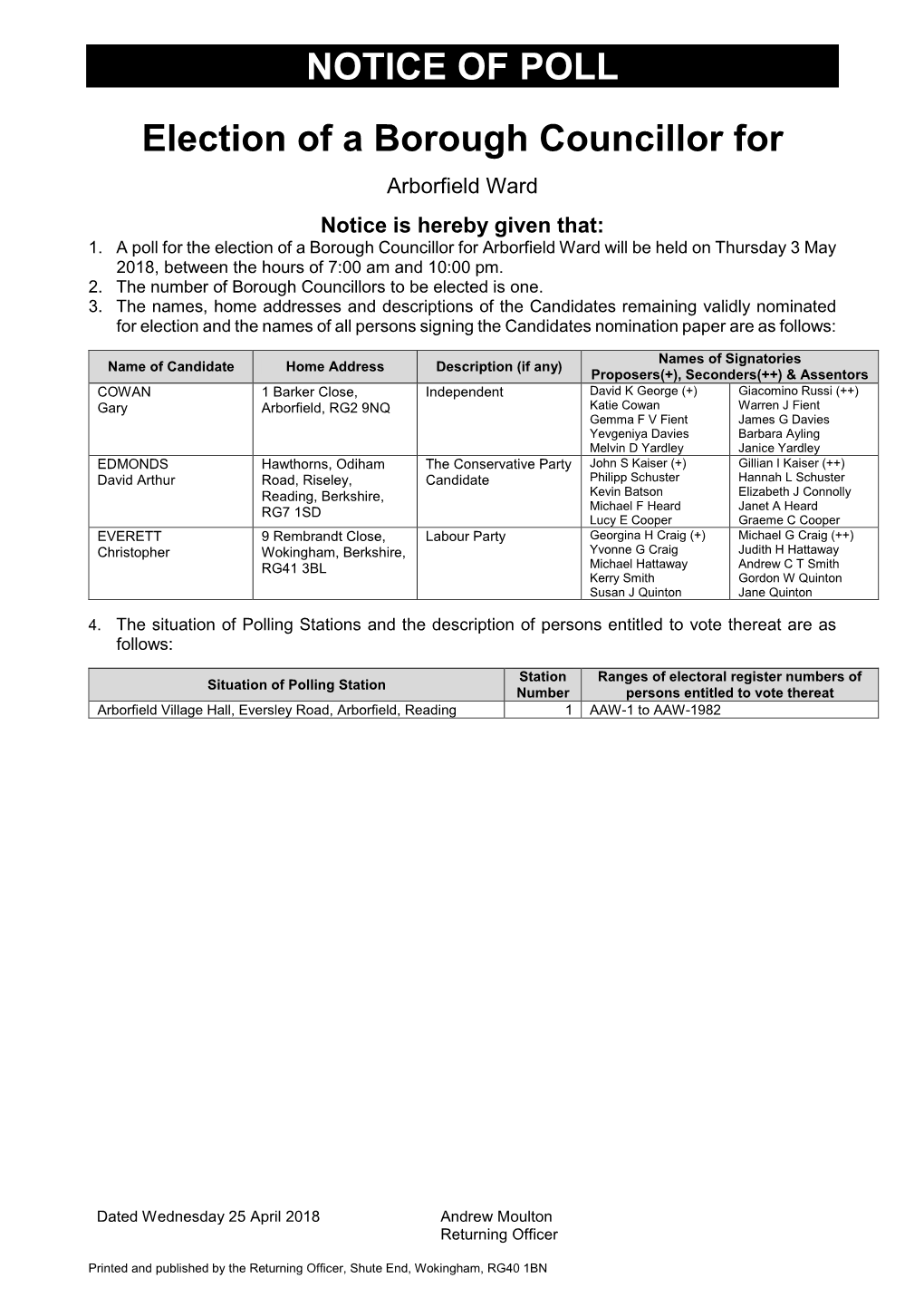 NOTICE of POLL Election of a Borough Councillor