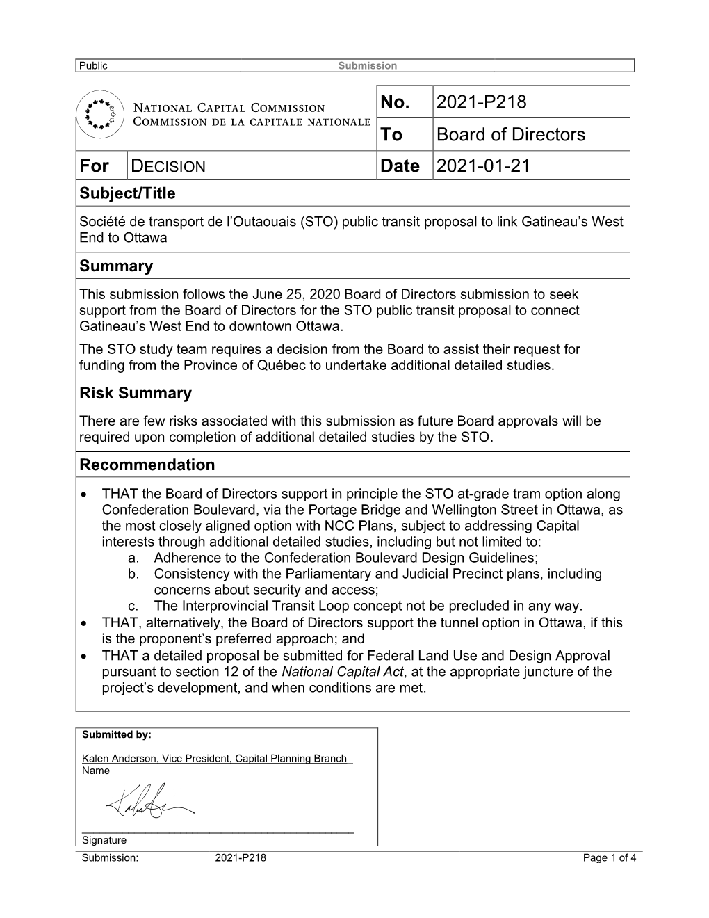 No. 2021-P218 to Board of Directors Date 2021-01-21