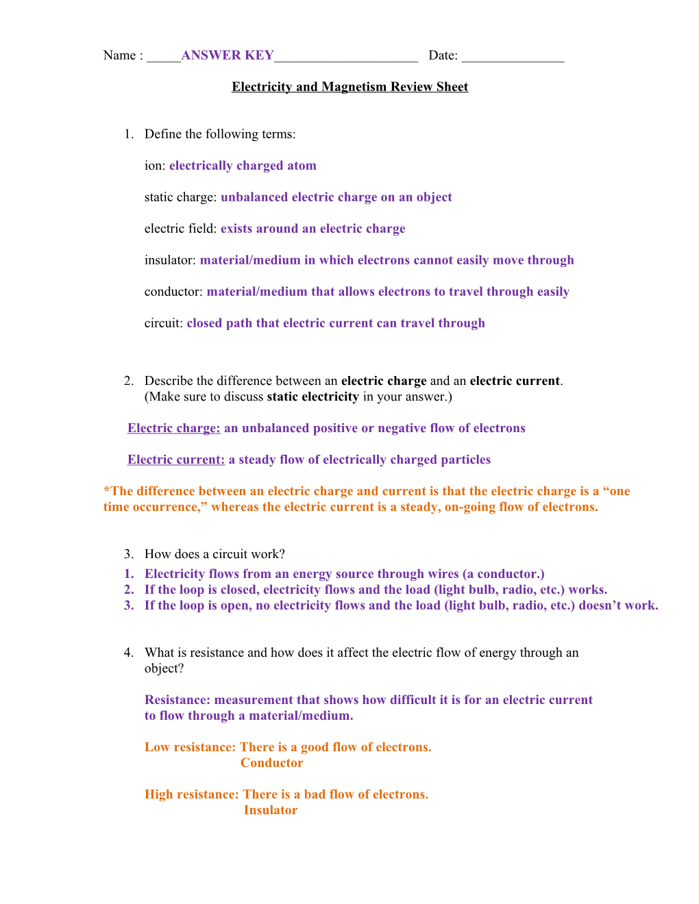 Electricity and Magnetism Review Sheet