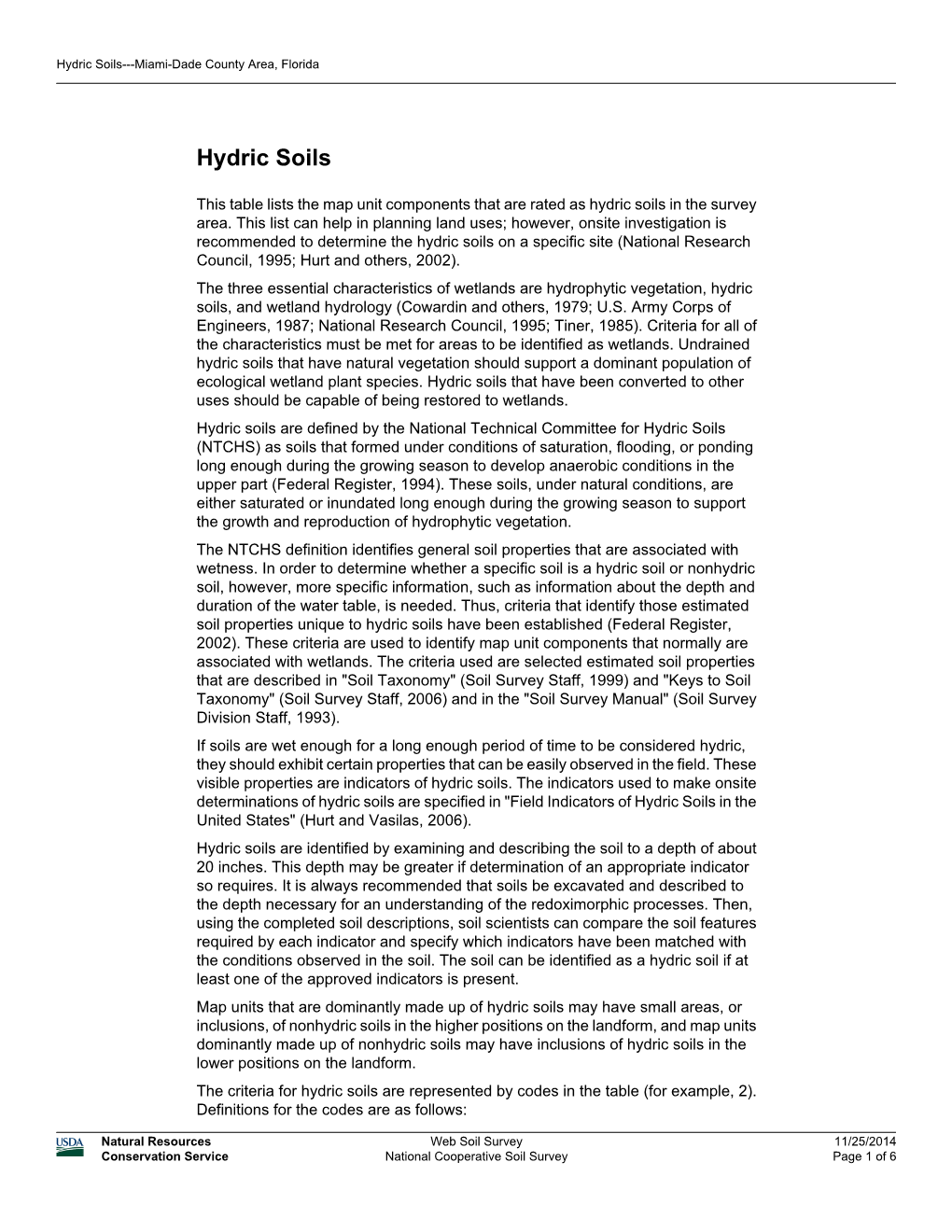 Hydric Soils---Miami-Dade County Area, Florida