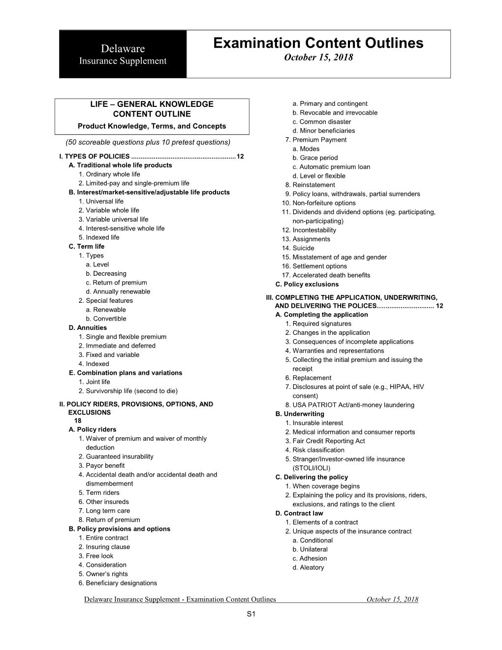 Pearson Vue Delaware Insurance Examination Content Outlines