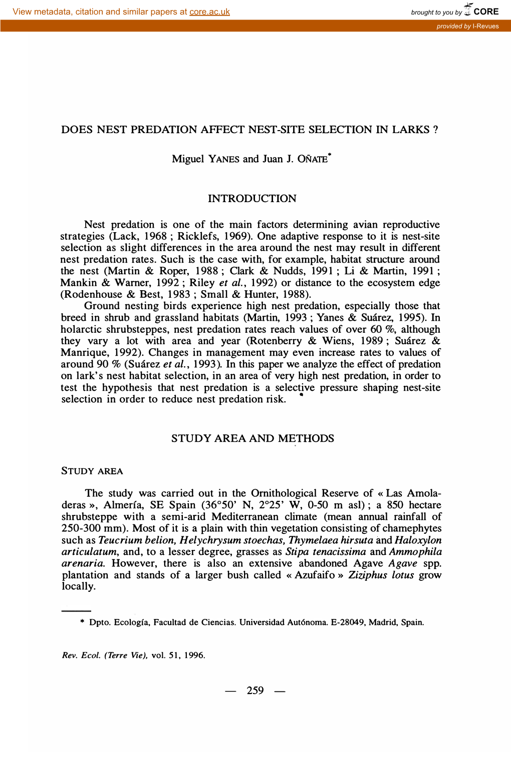 Does Nest Predation Affect Nest-Site Selection in Larks ?