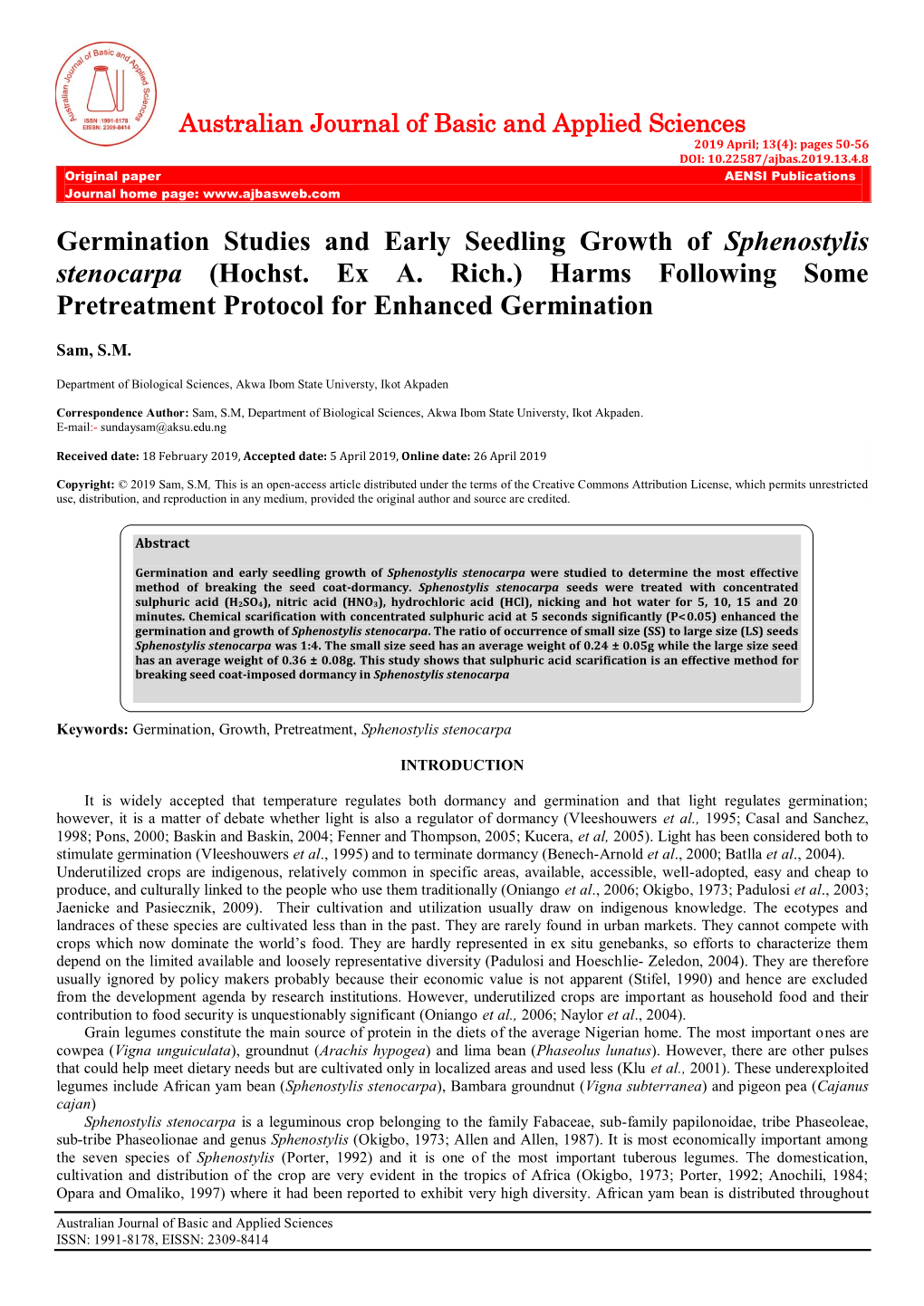 Germination Studies and Early Seedling Growth of Sphenostylis Stenocarpa (Hochst
