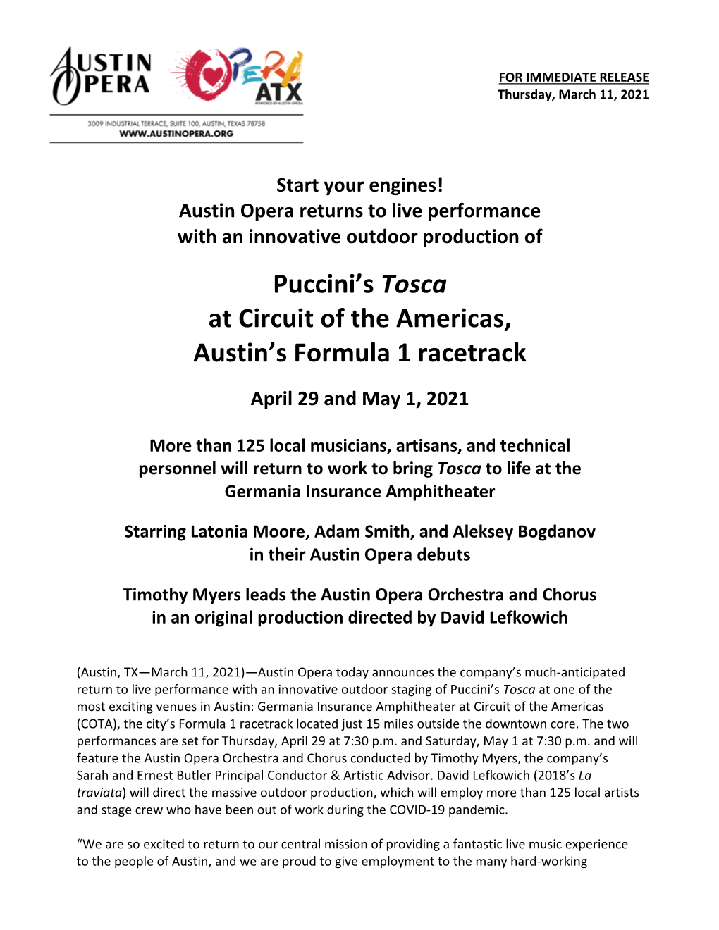 Puccini's Tosca at Circuit of the Americas, Austin's Formula 1