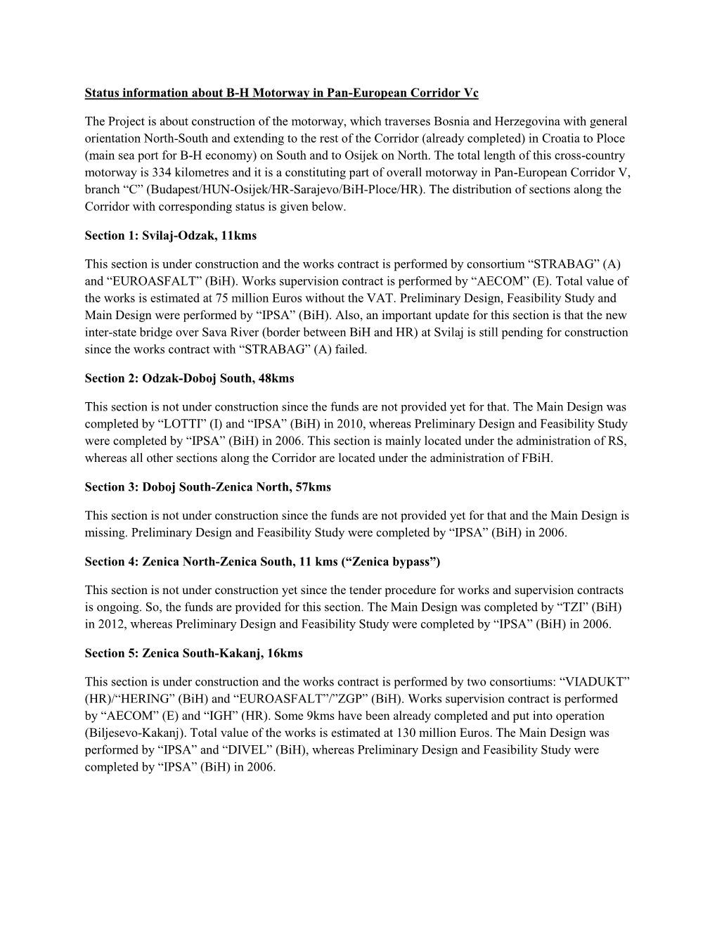 Status Information About B-H Motorway in Pan-European Corridor Vc