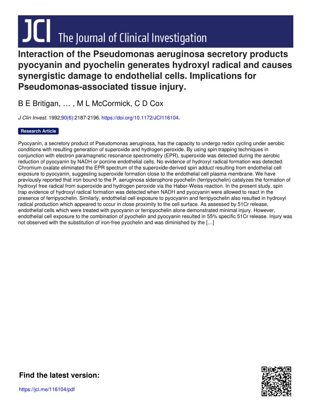 Interaction of the Pseudomonas Aeruginosa Secretory Products Pyocyanin and Pyochelin Generates Hydroxyl Radical and Causes Synergistic Damage to Endothelial Cells