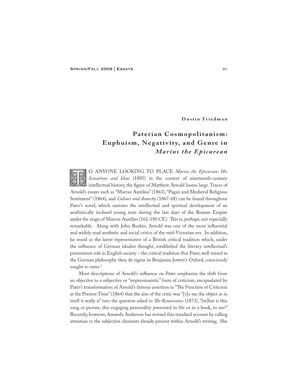 Paterian Cosmopolitanism: Euphuism, Negativity, and Genre in Marius the Epicurean