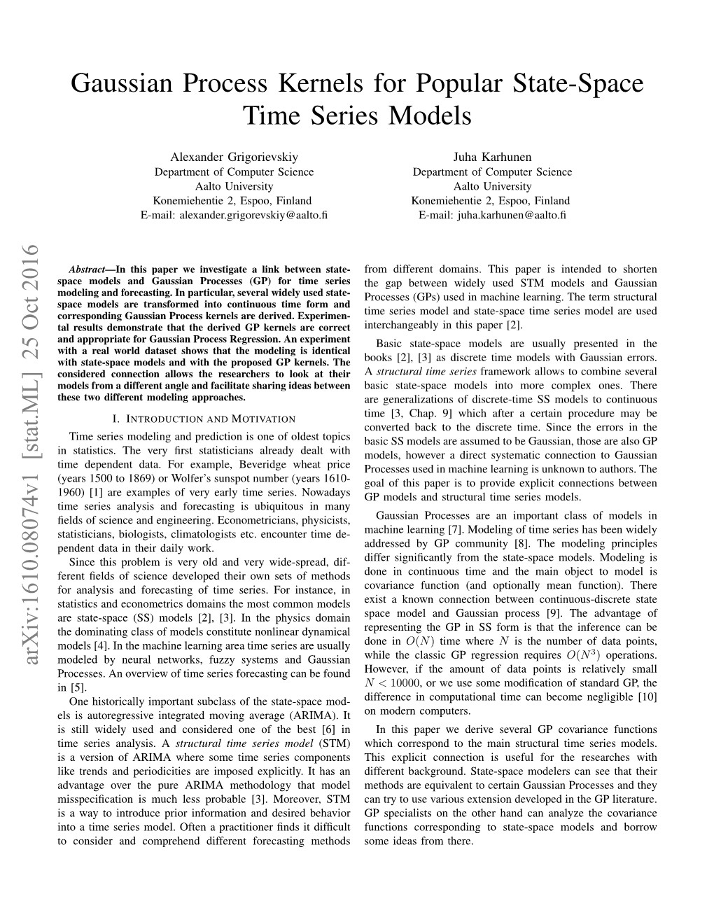 Gaussian Process Kernels for Popular State-Space Time Series Models