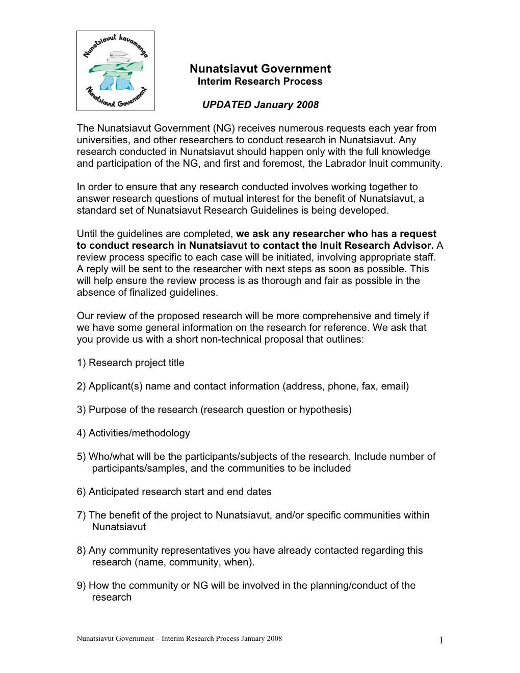 Nunatsiavut Government – Interim Research Process August 2007 1