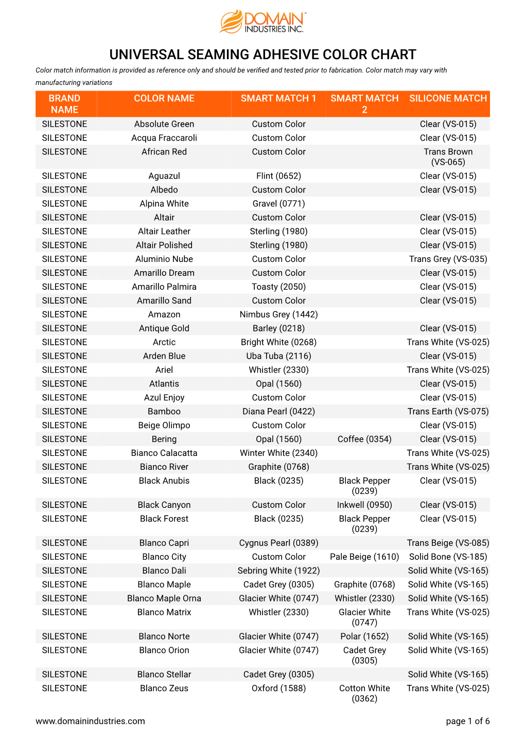 UNIVERSAL SEAMING ADHESIVE COLOR CHART Color Match Information Is Provided As Reference Only and Should Be Verifed and Tested Prior to Fabrication