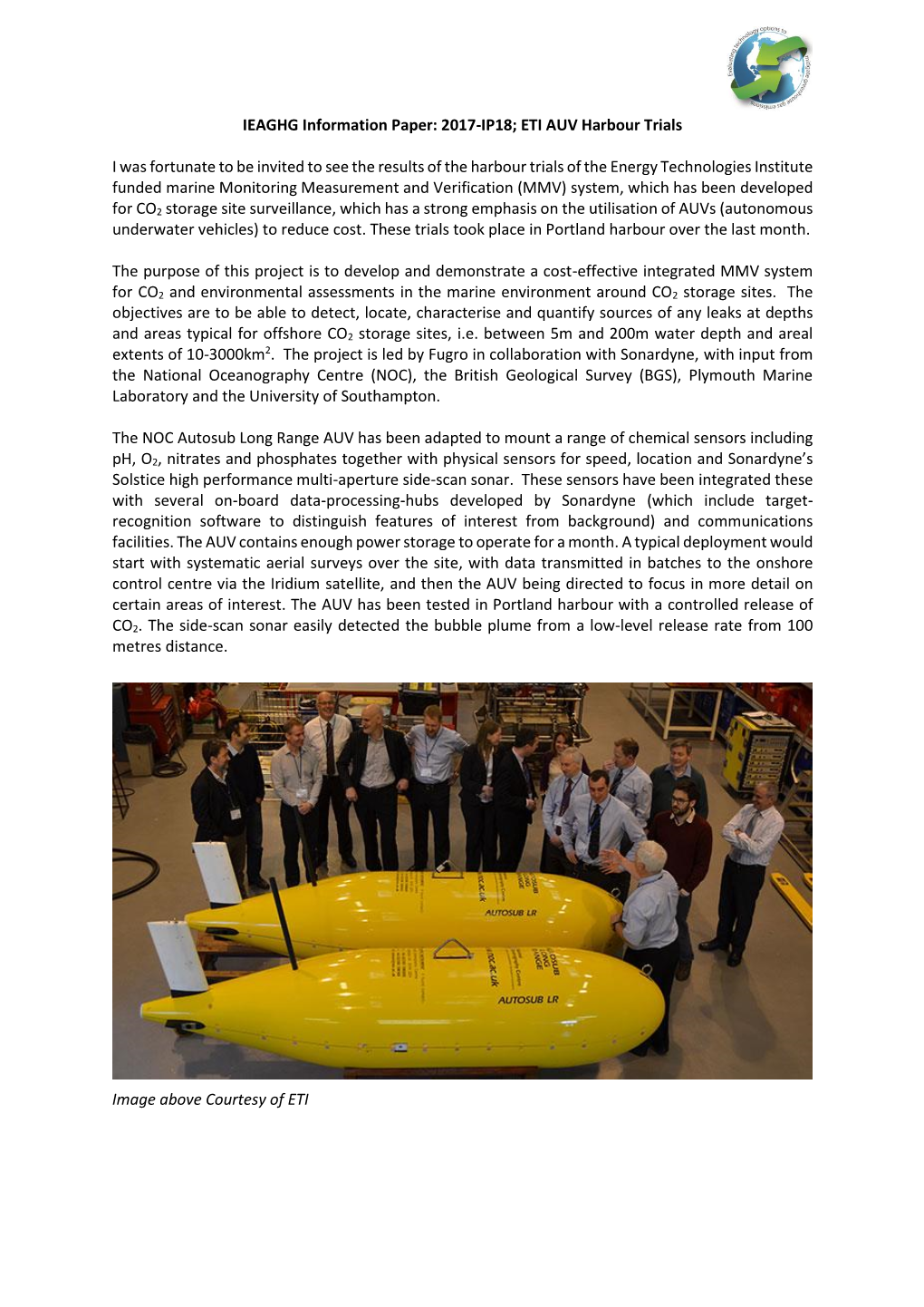 IEAGHG Information Paper: 2017-IP18; ETI AUV Harbour Trials