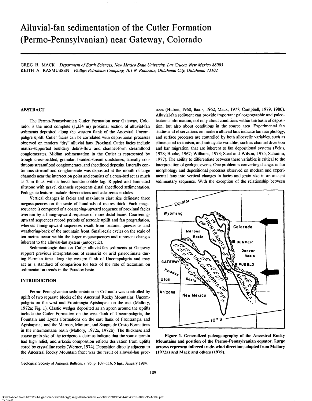 Alluvial-Fan Sedimentation of the Cutler Formation (Permo-Pennsylvanian) Near Gateway, Colorado