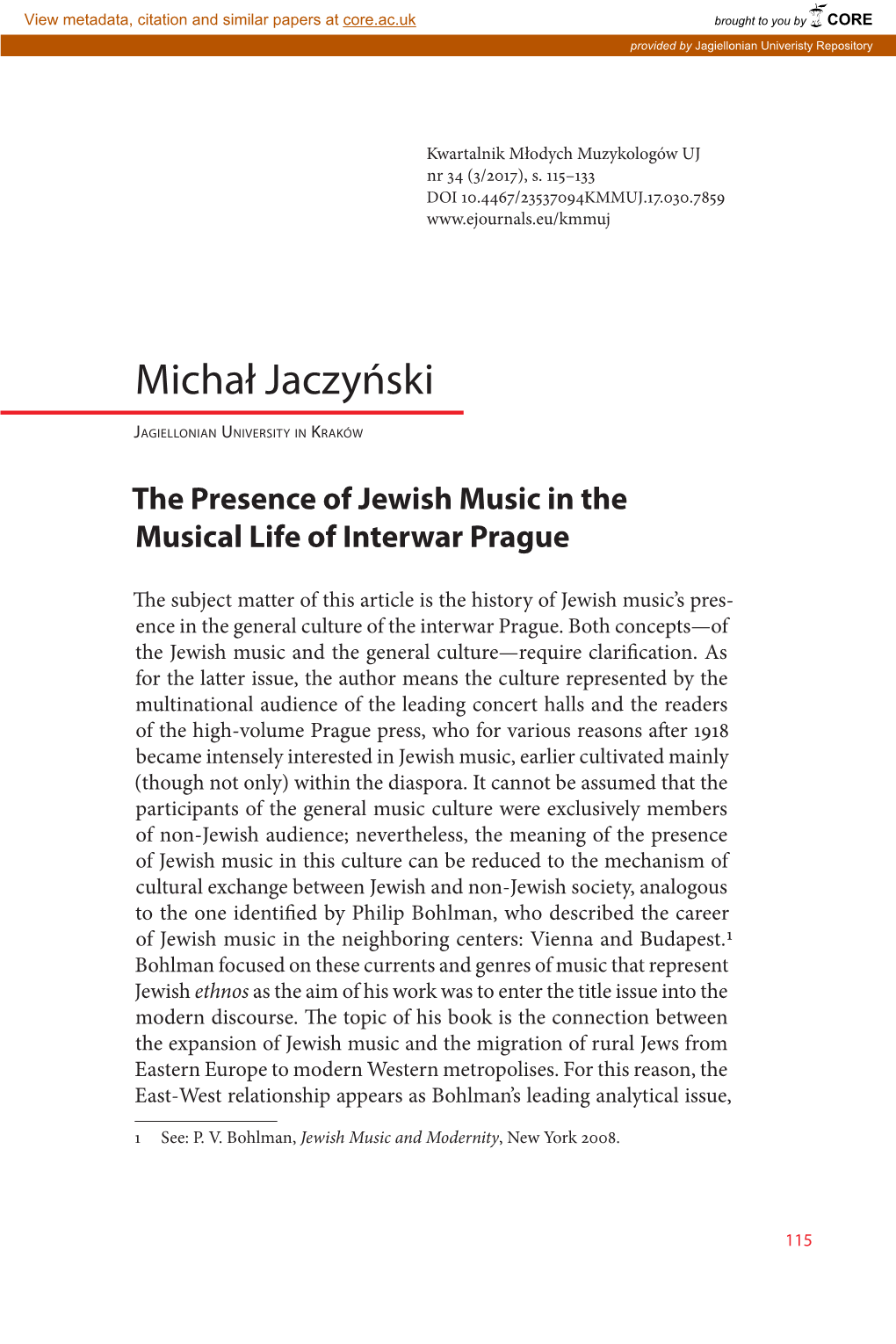 The Presence of Jewish Music in the Musical Life of Interwar Prague