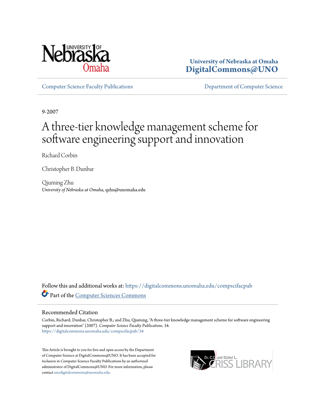 A Three-Tier Knowledge Management Scheme for Software Engineering Support and Innovation Richard Corbin